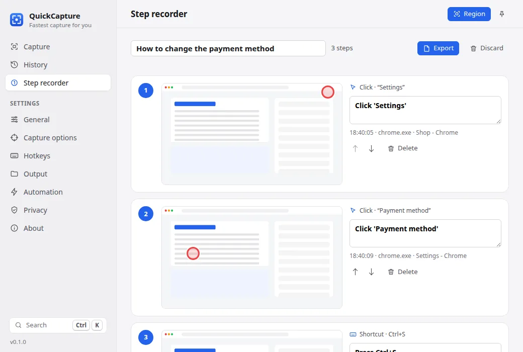 Step recorder with numbered screenshots and automatic descriptions