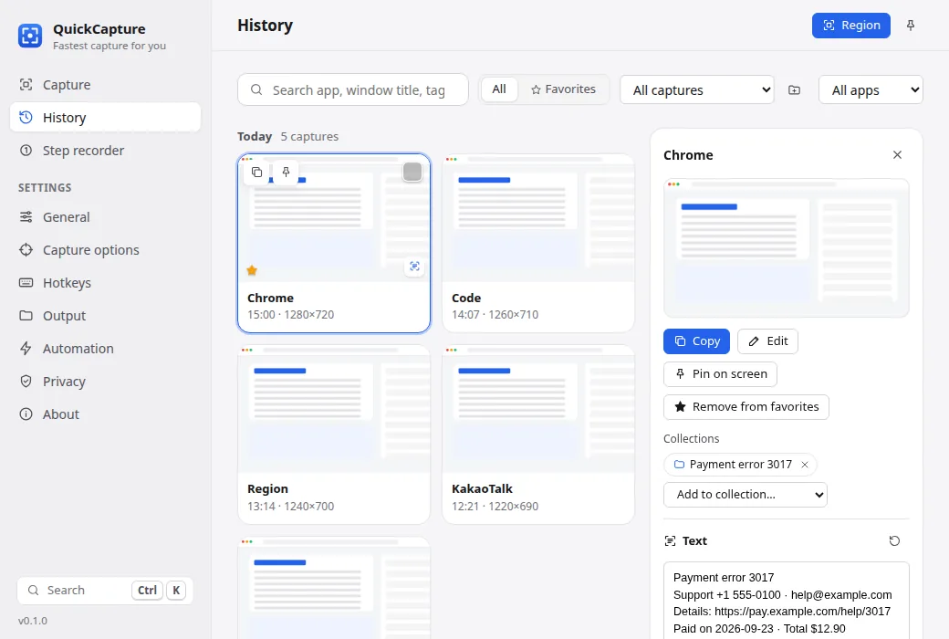 Capture history with search, recognised text and action chips